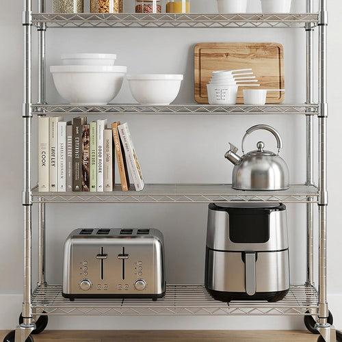 Modular Wire Storage Shelf 900 x 450 x 1800mm in Carbon Chrome Plated with Wheels