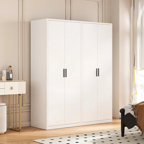 160x200cm 4-Door White Steel Hanging and Shelf Wardrobe with Black Handle Storage Cabinet