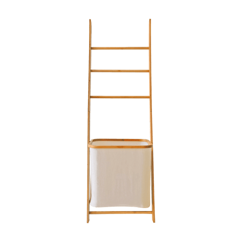 Wall Leaning Ladder Shelf with Laundry Basket Clothes Hamper Bath Towel Rack