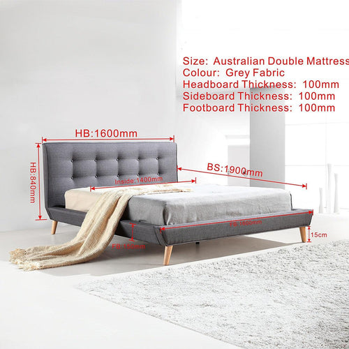 Double Linen Fabric Bed with Button Tufted Headboard - Grey