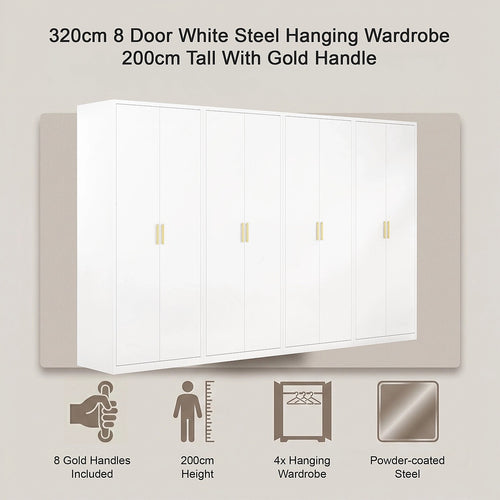 320x200cm 8-Door White Steel Hanging Wardrobe with Gold Handle Storage Cabinet