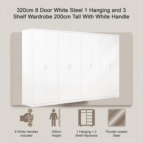 320x200cm 8-Door White Steel 1 Hanging and 3 Shelf Wardrobe with White Handle Storage Cabinet