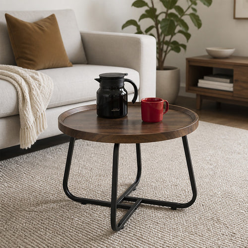 Round Side Table with Wood-Look Tray Top & Black Frame