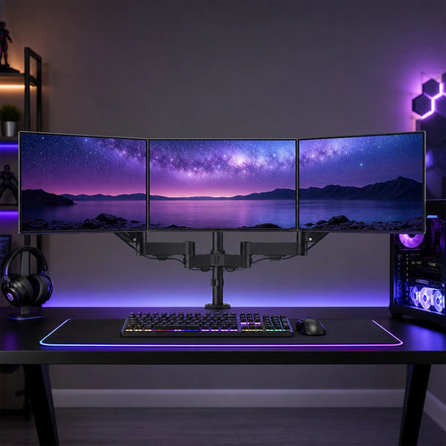Triple Computer Monitor Mount Stand – Desk Clamp with 3 Adjustable Arms for Multi-Screen Display Setup