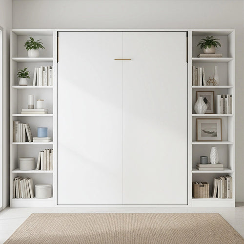 Queen Wall Bed in White – Space Saving Murphy Bed Kit with Gold Door Handle