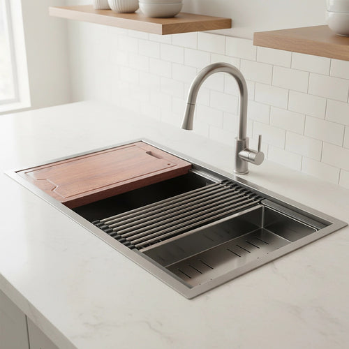 32" Workstation Kitchen Sink – Single Bowl Design with Nano Finish in Stainless Steel
