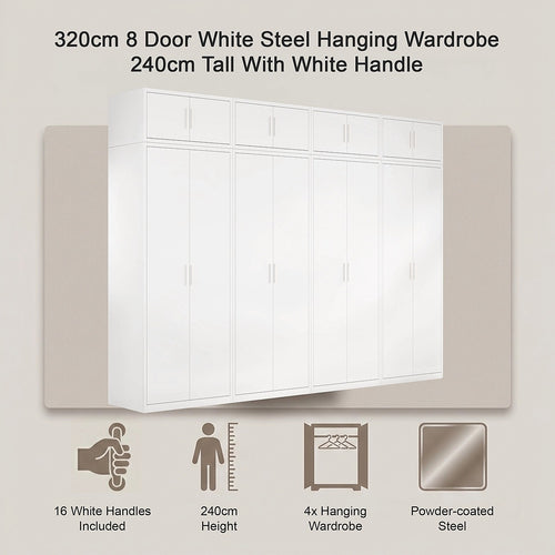 320x240cm 8-Door White Steel Hanging Wardrobe with White Handle Storage Cabinet