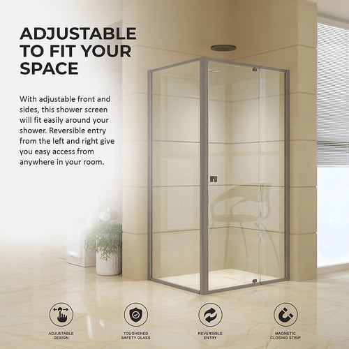 Semi-Frameless Shower Screen – Gunmetal, Front: (114~122)x195cm, Side: (77~80)x195cm