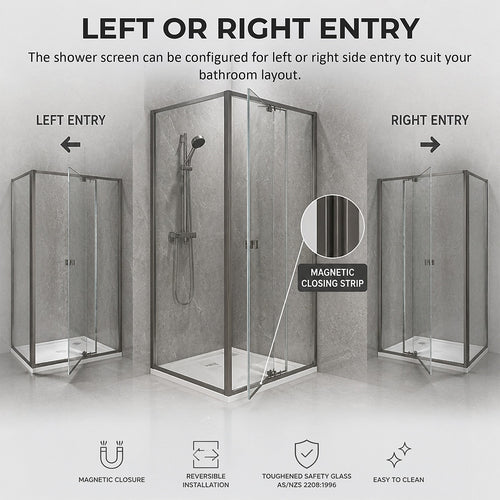 Semi-Frameless Shower Screen – Gunmetal, Front: (74~82)x195cm, Side: (98~101)x195cm
