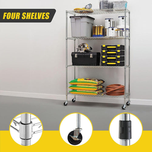 Modular Wire Storage Shelf 900 x 350 x 1800mm Steel Shelving - Carbon Chrome Plated with Wheels