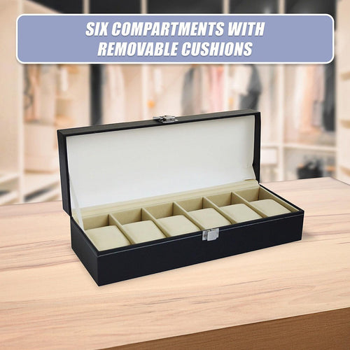 6 Slot Men’s Watch Display Case Box Black PU Leather
