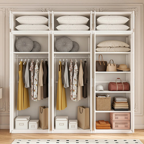 240x240cm 6-Door White Steel 2 Hanging and 1 Shelf Wardrobe with White Handle Storage Cabinet