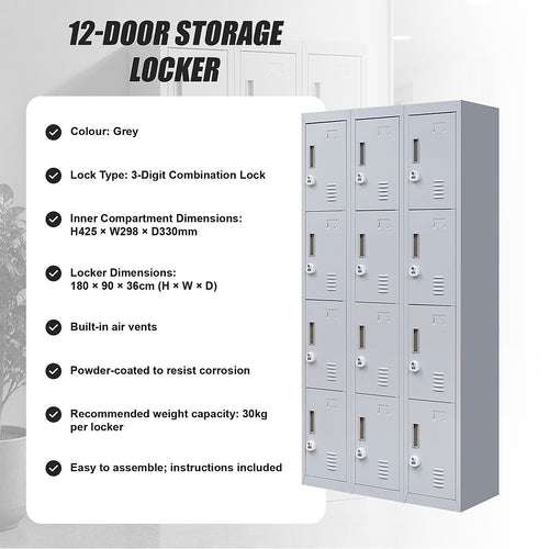 12-Door Steel Locker – Grey, 3-Digit Combination Lock