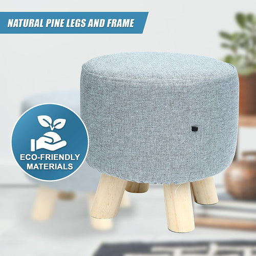 Grey Fabric Ottoman Foot Stool Rest Pouffe Wood Padded Seat Round