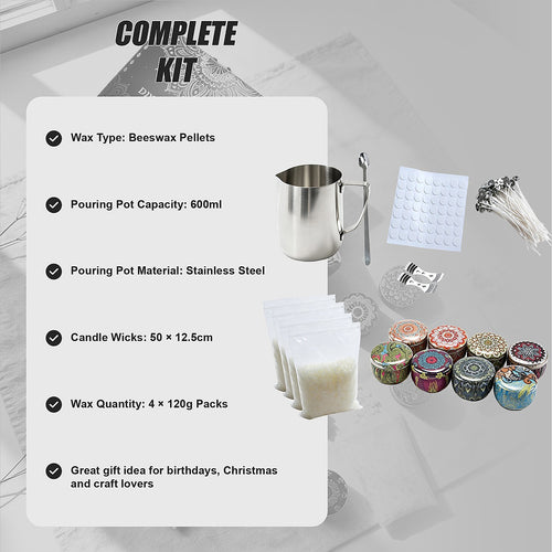 DIY Candle Making Kit with Beeswax, Pouring Pot, Wicks & Tins