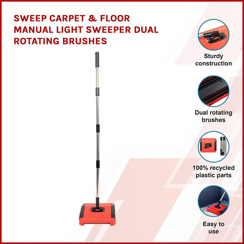 Sweep Carpet & Floor Manual Light Sweeper Dual Rotating Brushes