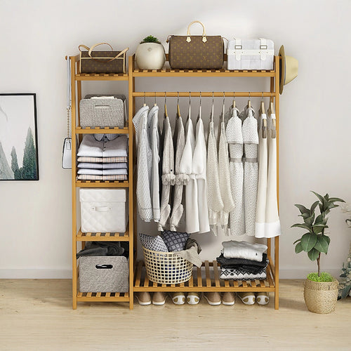 Portable Clothes Rack Coat Garment Stand Bamboo Rail