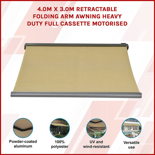 Heavy Duty Full Cassette Retractable Awning: Motorised 4x3m Beige Sunshade