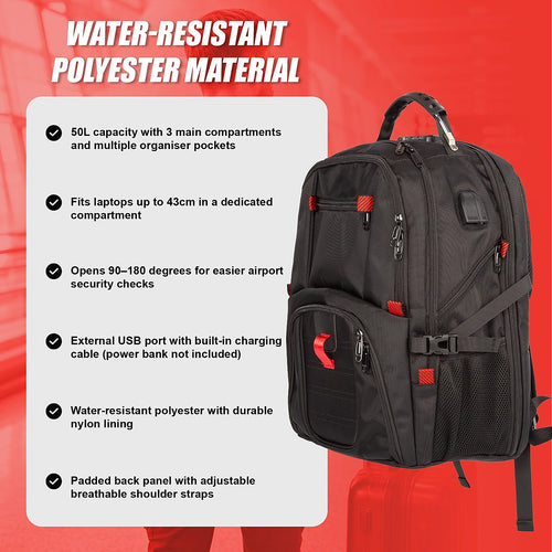 50L Travel Backpack with 43 cm Laptop Compartment & USB Port