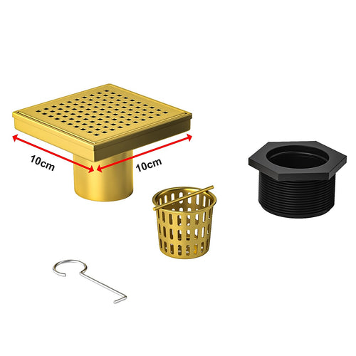 10 x 10cm Square Shower Drain with Grid Pattern Grate – Brushed Gold Stainless Steel