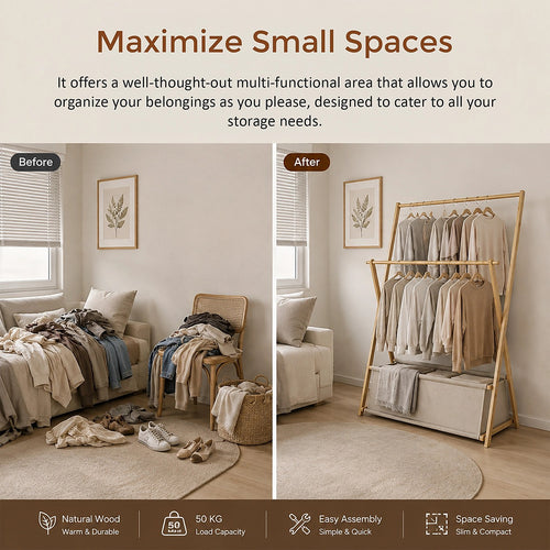 100x155cm Freestanding Clothes Rail Garment Rack in Wood with Storage Shelf – Stylish, Space-Efficient Organiser