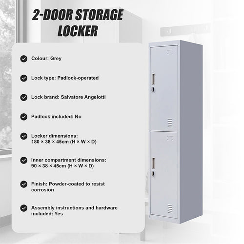 2-Door Metal Locker Cabinet in Grey – Padlock-operated