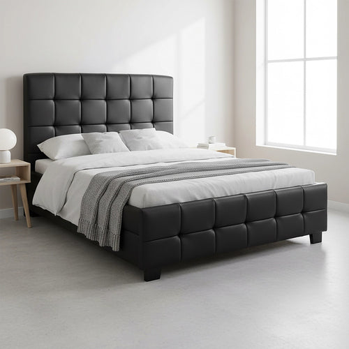 King Single Deluxe Black PU Leather Upholstered Bed Frame with Headboard & Slats
