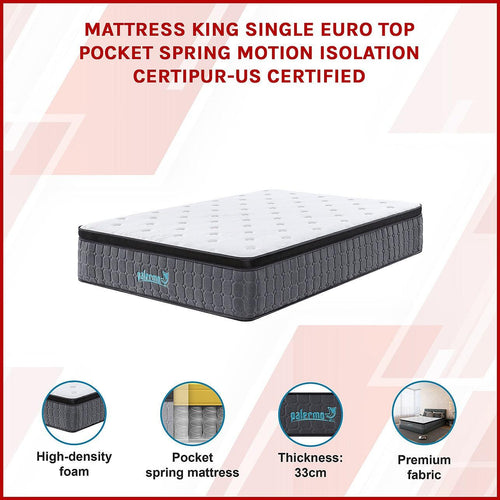 Mattress King Single Euro Top Pocket Spring Motion Isolation CertiPUR-US Certified