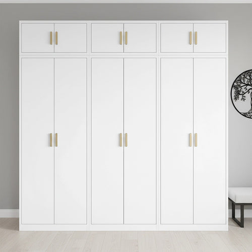 240x240cm 6-Door White Steel Hanging Wardrobe with Gold Handle Storage Cabinet