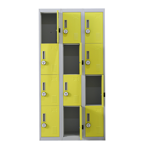 12-Door Locker – Grey with Yellow Door with 4-Digit Combination Lock | Secure Storage for Office, Gym or School Use