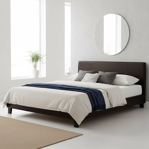 Queen Size Bed Frame with Headboard – Brown PU Leather