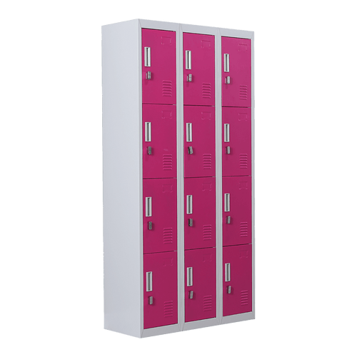 Grey with Pink Door 12-Door Locker for Office Gym Shed School Home Storage - Padlock-operated