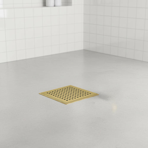 10 x 10cm Square Shower Drain with Grid Pattern Grate – Brushed Gold Stainless Steel