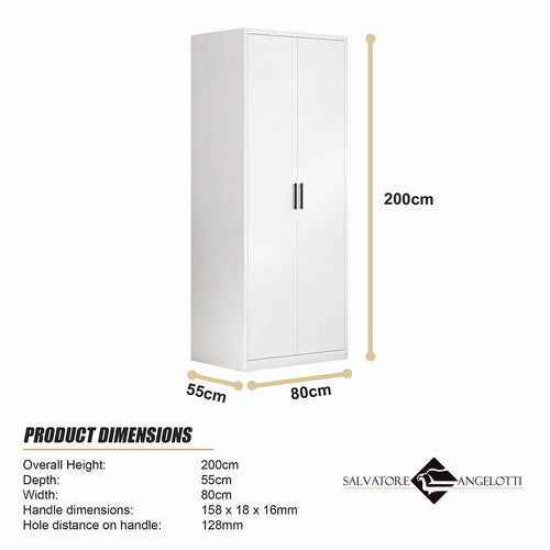 80x200cm 2-Door White Steel Hanging Wardrobe with Black Handle Storage Cabinet
