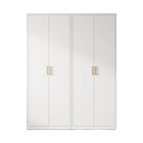 160x200cm 4-Door White Steel Shelf Wardrobe with Gold Handle Storage Cabinet