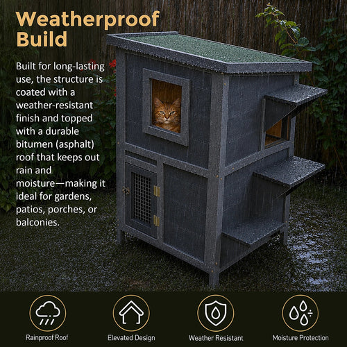 2-Story Wooden Cat House – Weatherproof Indoor/Outdoor Pet Shelter with Bitumen Roof