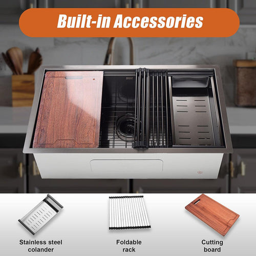 BRIENZ 32-inch Nano Workstation Ledge Undermount 16 Gauge Stainless Steel Kitchen Sink Single Bowl in Stainless Steel