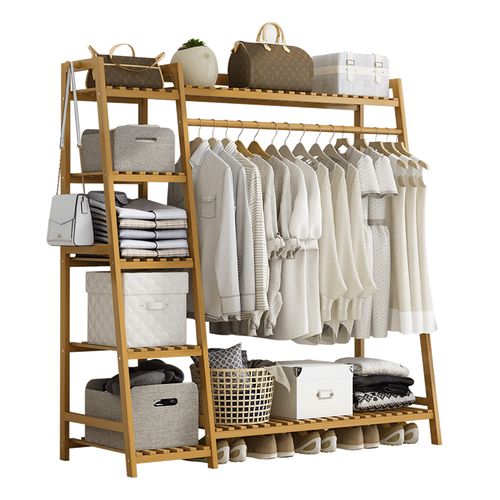 Portable Clothes Rack Coat Garment Stand Bamboo Rail