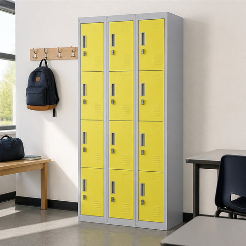 12-Door Steel Locker – Grey with Yellow Door, Padlock-operated