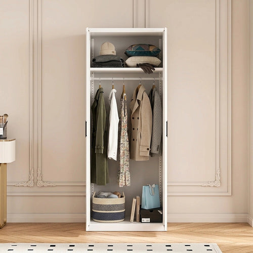 80x200cm 2-Door White Steel Hanging Wardrobe with Black Handle Storage Cabinet