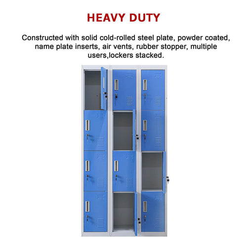 Grey with Blue Door 12-Door Locker for Office Gym Shed School Home Storage - Standard Lock with 2 Keys