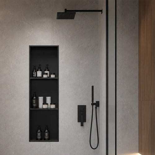 90cm Black Recessed Shower Niche 3-Tier Stainless Steel Bathroom Wall Storage Shelf