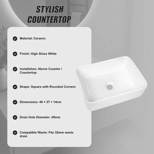 Ceramic Above Counter Bathroom Basin White 48cm