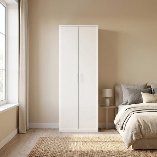 80x200cm 2-Door White Steel Shelf Wardrobe with White Handle Storage Cabinet