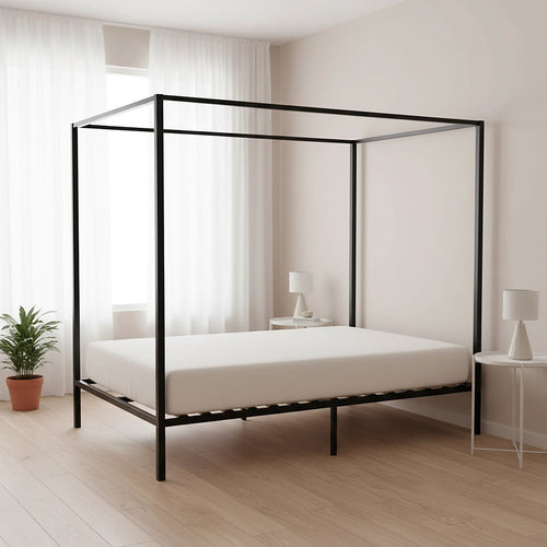 4-Poster Queen Bed Frame – Sturdy Black Modern Canopy Bed for Bedroom