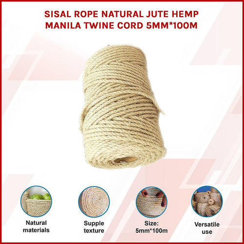 Sisal Rope Natural Jute Hemp Manila Twine Cord 5mm x 100m