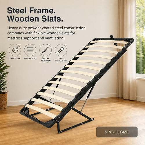 Gas Lift Bed Mechanism – Single Bed Frame with Wooden Slats