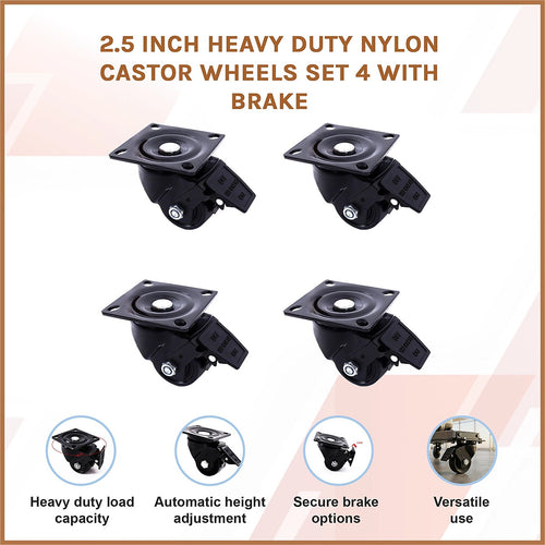 2.5 Inch Heavy Duty Nylon Castor Wheels Set of 4 with Brake