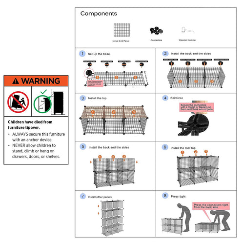 12 Cube Wire Grid Organiser Bookcase Storage Cabinet Wardrobe Closet Black