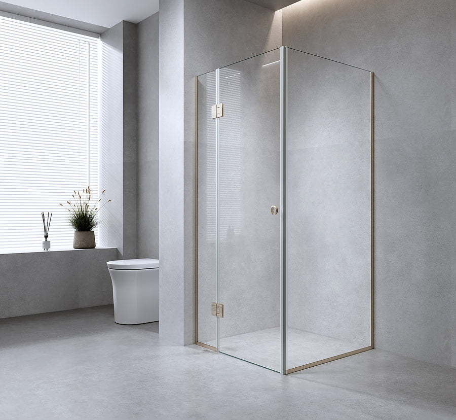 110x110cm Corner Frameless Shower Screen – Gunmetal Wall Channel with Brass Hinges for Elegant Bathrooms